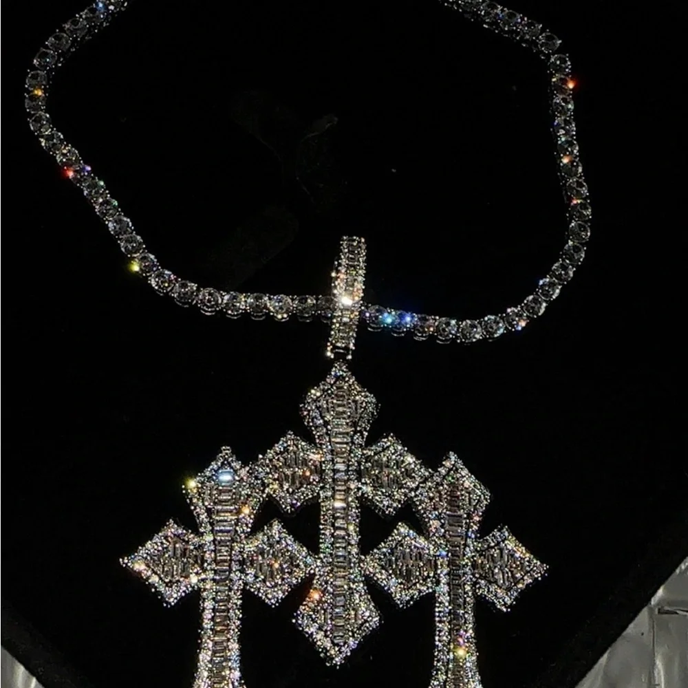 Silver Triple Cross Pendant tennis Necklace - 20inch